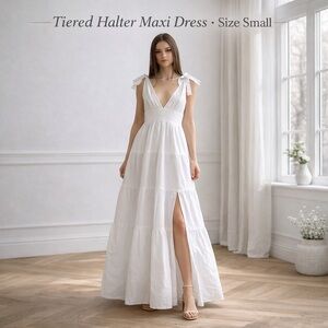 White Tiered Halter Maxi Dress Size Small Adjustable Straps Boho Cottagecore